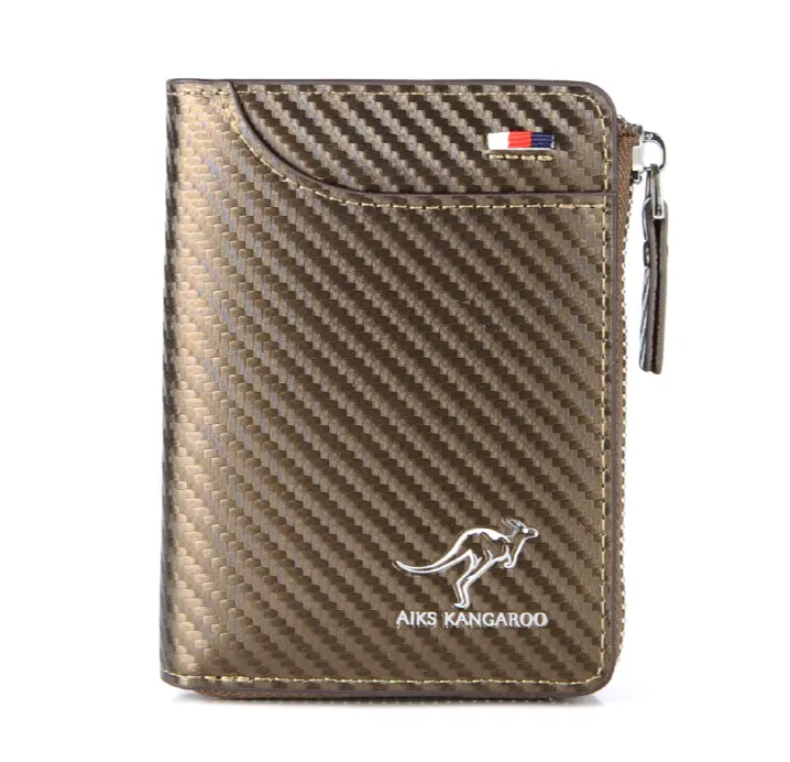 Men's RFID Blocking Carbon Fiber Wallet with Zipper Multi  Credit Card Holder Wallet Anti-Degaussing Anti-Theft Brush