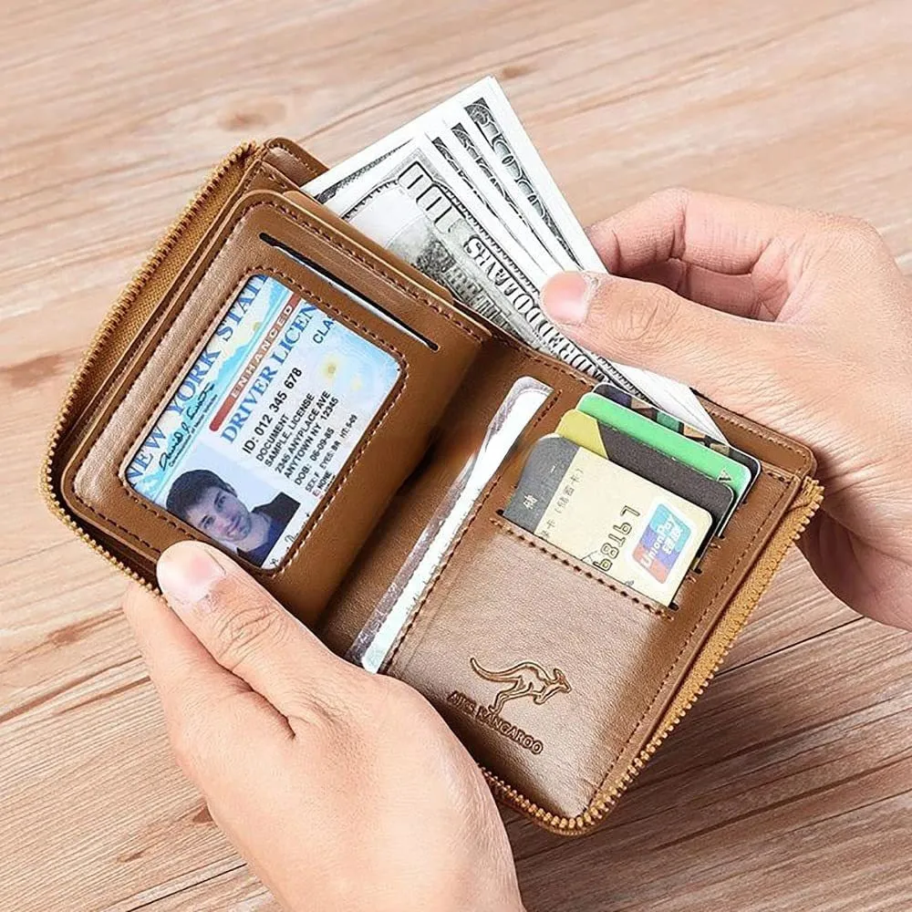 Men's RFID Blocking Carbon Fiber Wallet with Zipper Multi  Credit Card Holder Wallet Anti-Degaussing Anti-Theft Brush