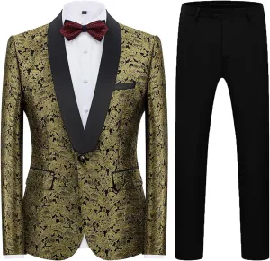 Mens Suit Slim Fit 2 Piece Formal Skinny Floral Tuxedo Suit Set Shawl Lapel for Wedding Dinner Party