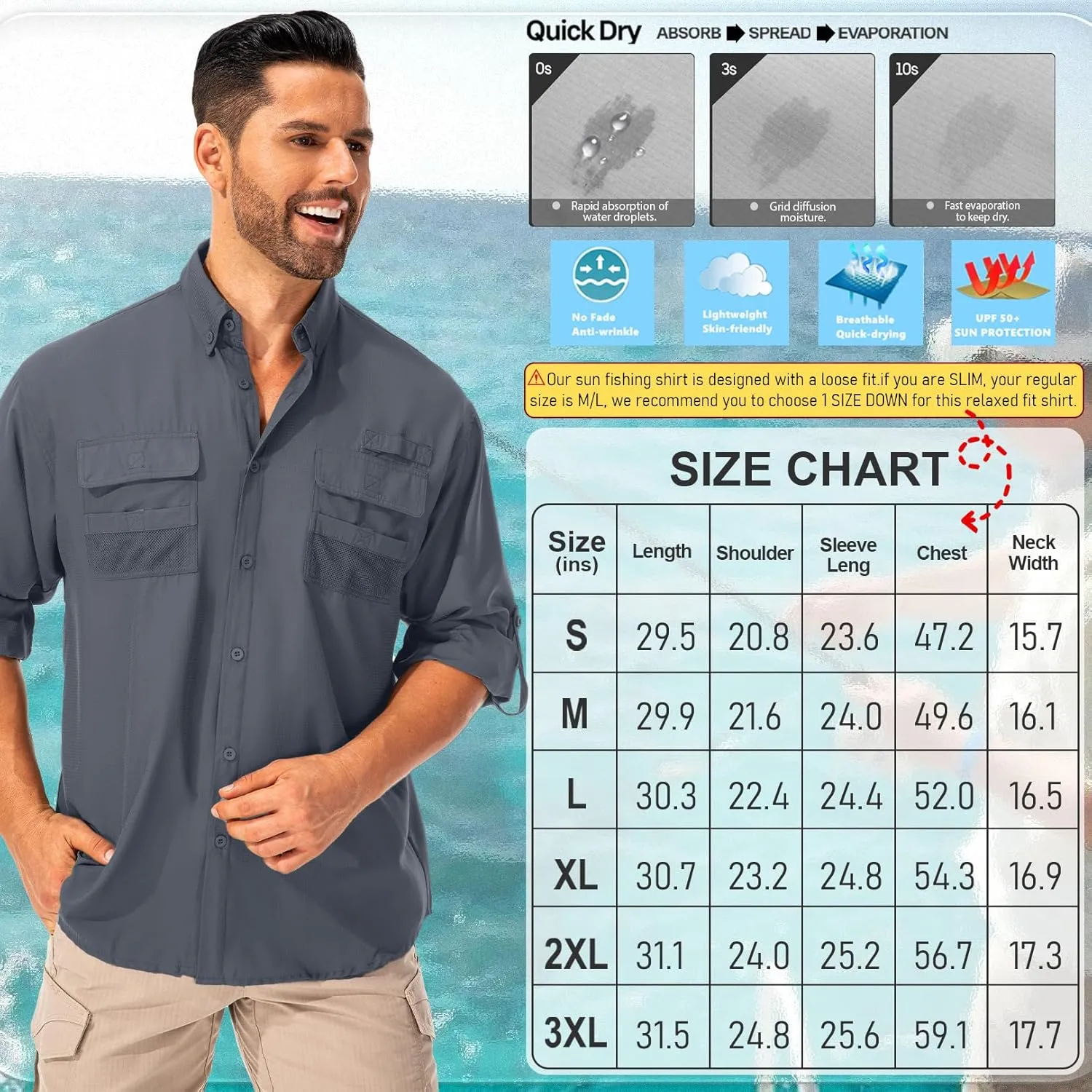 Men's Sun Protection Fishing Shirts Long Sleeve Safari Shirts UPF 50 UV Quick Dry Cooling Travel Work Shirts