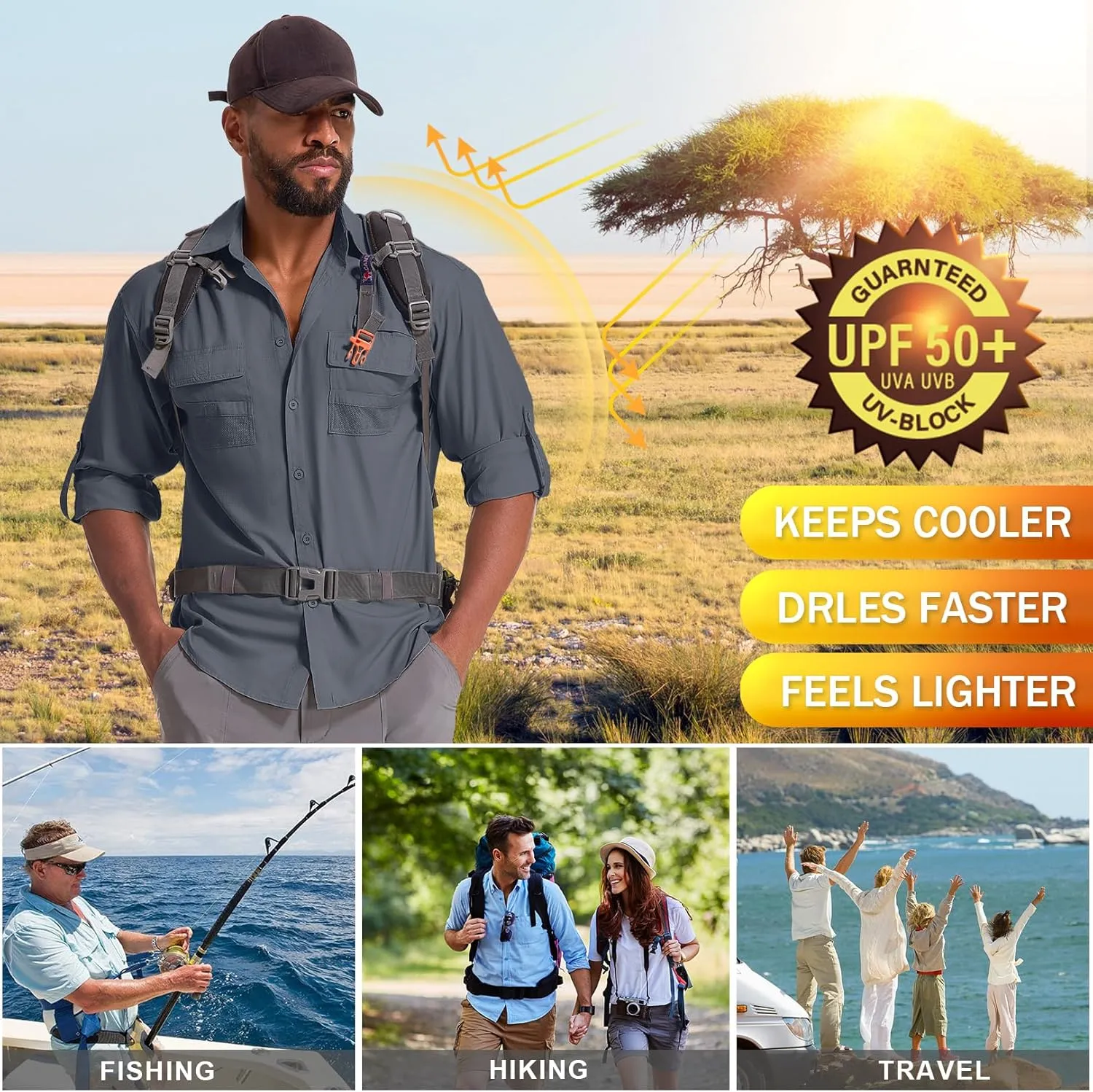 Men's Sun Protection Fishing Shirts Long Sleeve Safari Shirts UPF 50 UV Quick Dry Cooling Travel Work Shirts