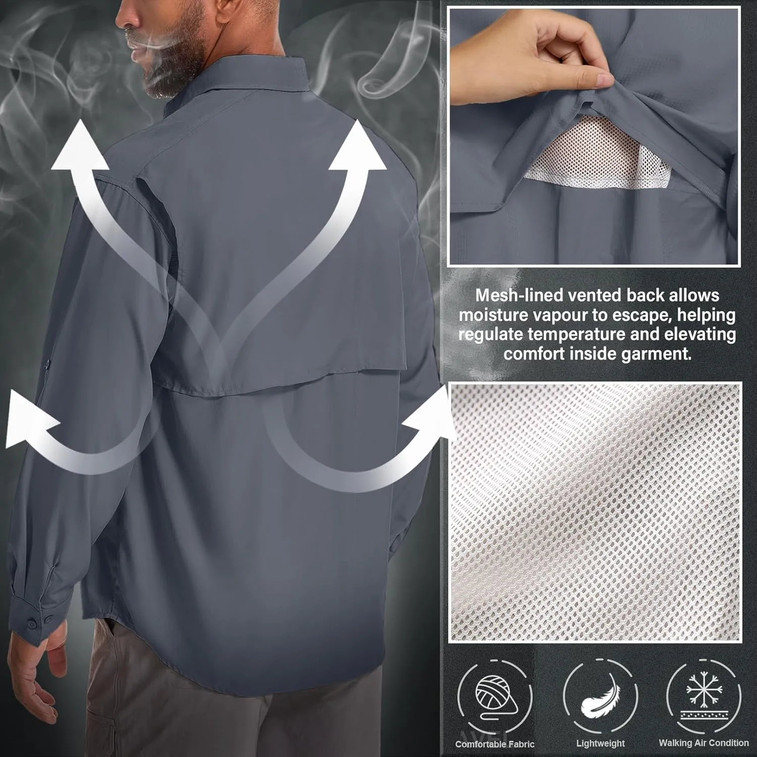 Men's Sun Protection Fishing Shirts Long Sleeve Safari Shirts UPF 50 UV Quick Dry Cooling Travel Work Shirts