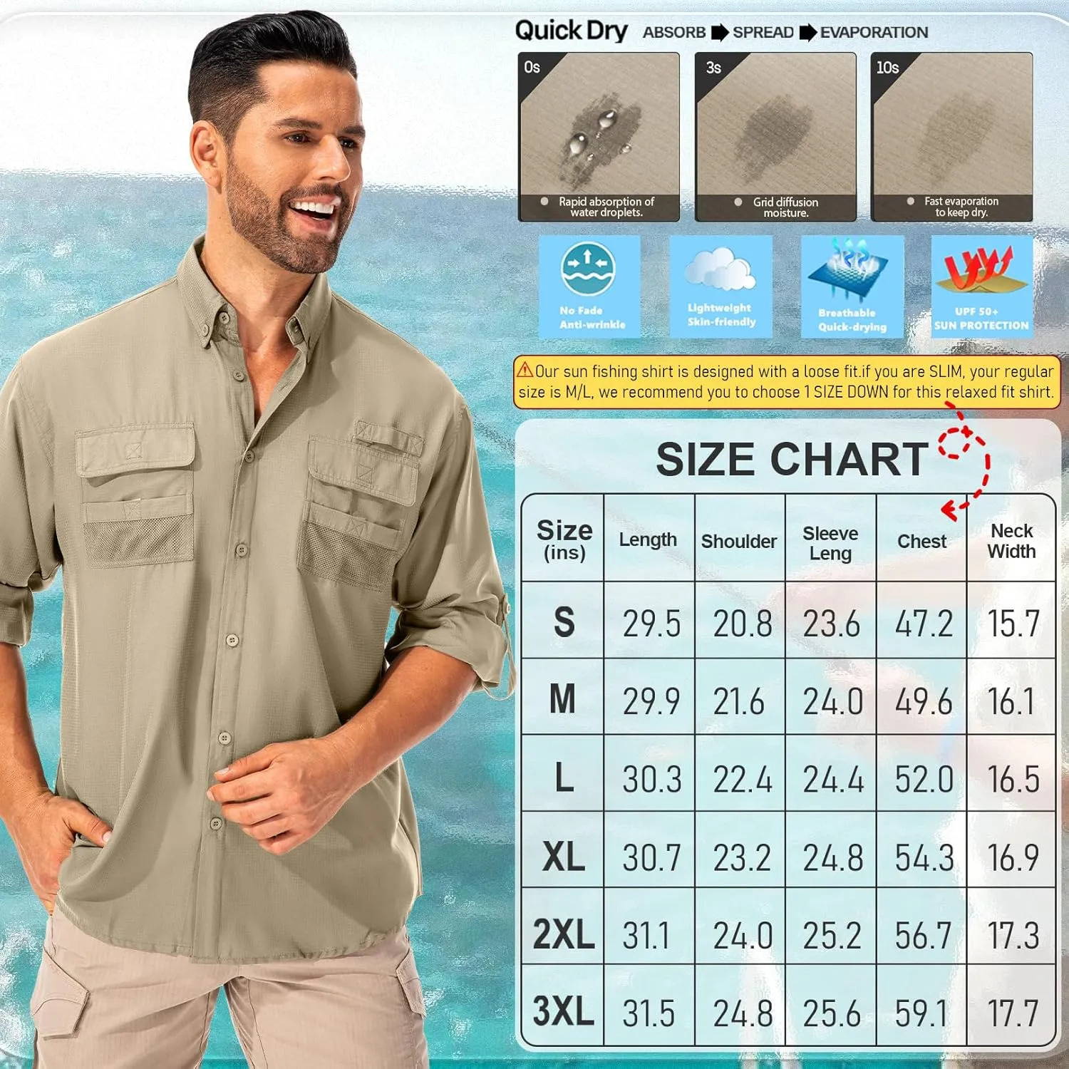 Men's Sun Protection Fishing Shirts Long Sleeve Safari Shirts UPF 50 UV Quick Dry Cooling Travel Work Shirts