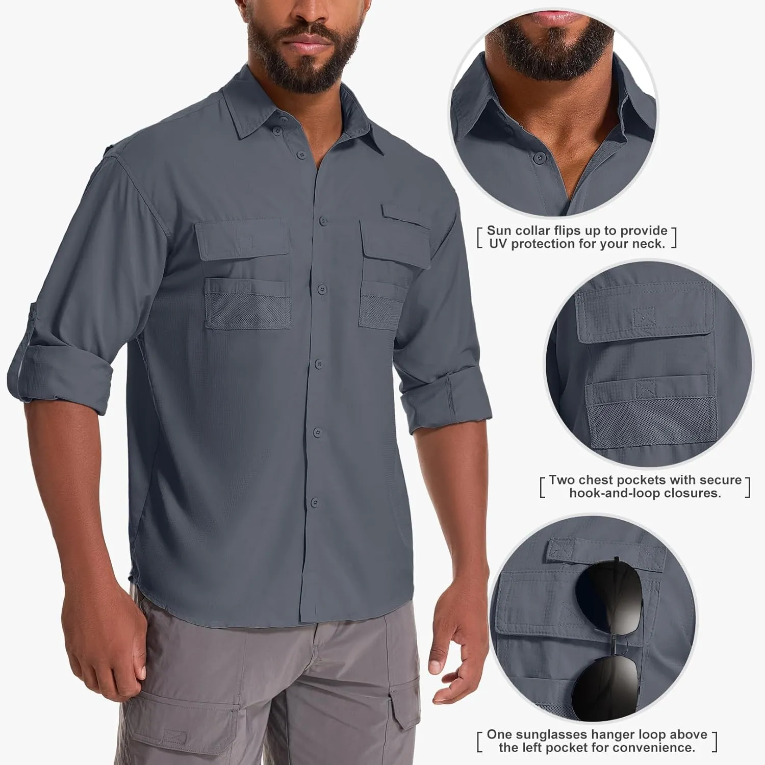Men's Sun Protection Fishing Shirts Long Sleeve Safari Shirts UPF 50 UV Quick Dry Cooling Travel Work Shirts