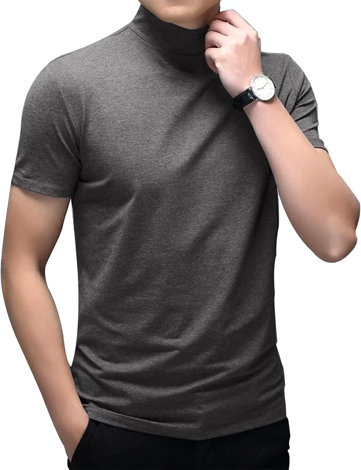 Mens T Shirt Short Sleeve Basic Mock Turtleneck Slim Fit Undershirt Pullover Thermal Solid Tops