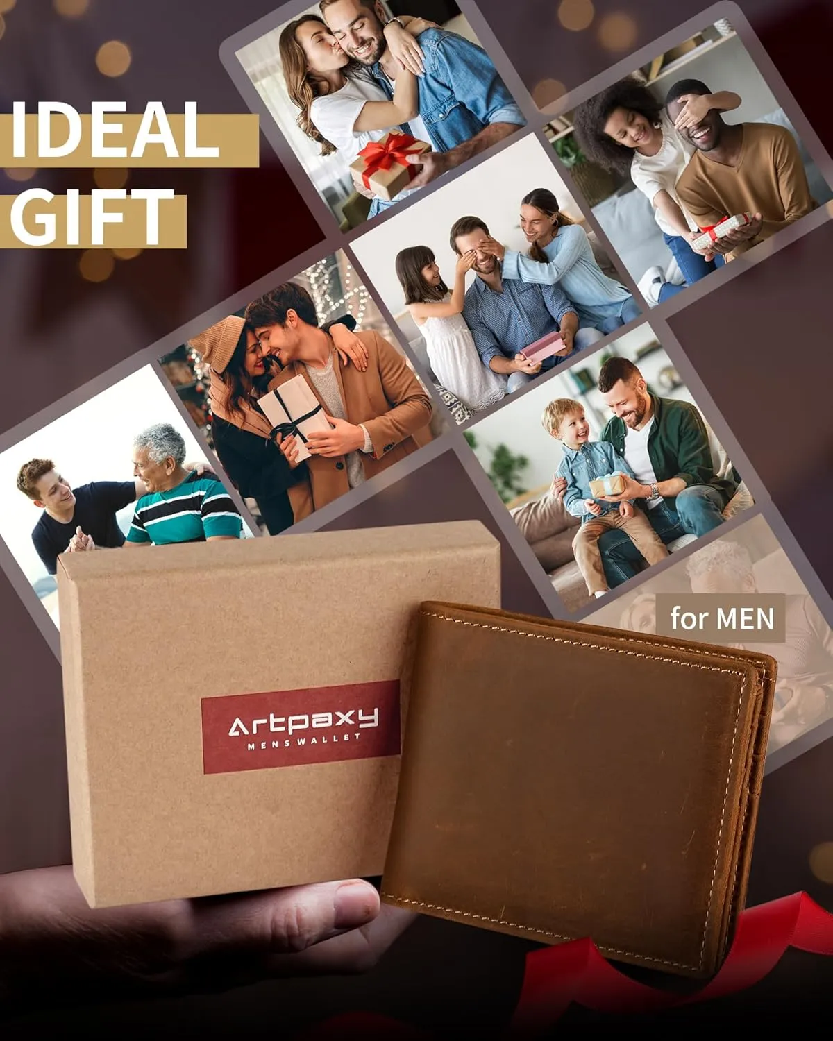 Mens Wallet Genuine Leather Bifold RFID Blocking Wallet for Men with 2 ID Windows 11 Card Holders 2 cash pockets 1 Gift Box
