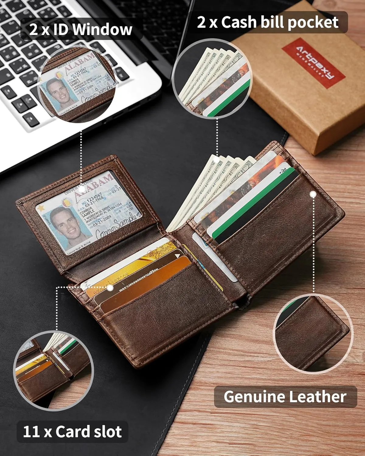 Mens Wallet Genuine Leather Bifold RFID Blocking Wallet for Men with 2 ID Windows 11 Card Holders 2 cash pockets 1 Gift Box