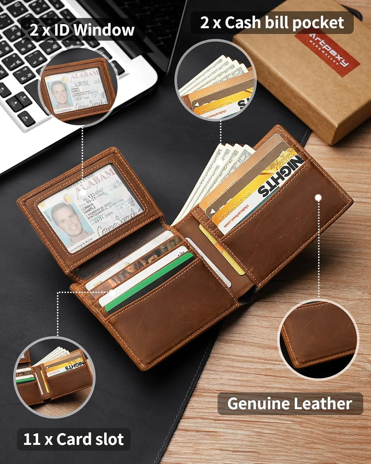 Mens Wallet Genuine Leather Bifold RFID Blocking Wallet for Men with 2 ID Windows 11 Card Holders 2 cash pockets 1 Gift Box
