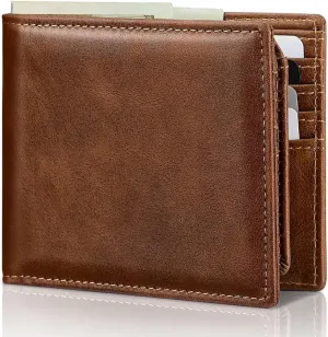 Mens Wallet Genuine Leather Bifold RFID Blocking Wallet for Men with 2 ID Windows 11 Card Holders 2 cash pockets 1 Gift Box