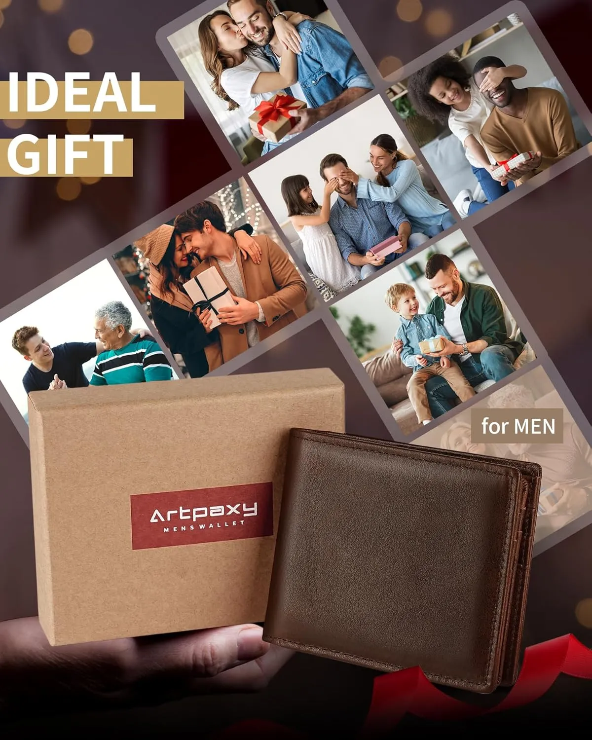 Mens Wallet Genuine Leather Bifold RFID Blocking Wallet for Men with 2 ID Windows 11 Card Holders 2 cash pockets 1 Gift Box