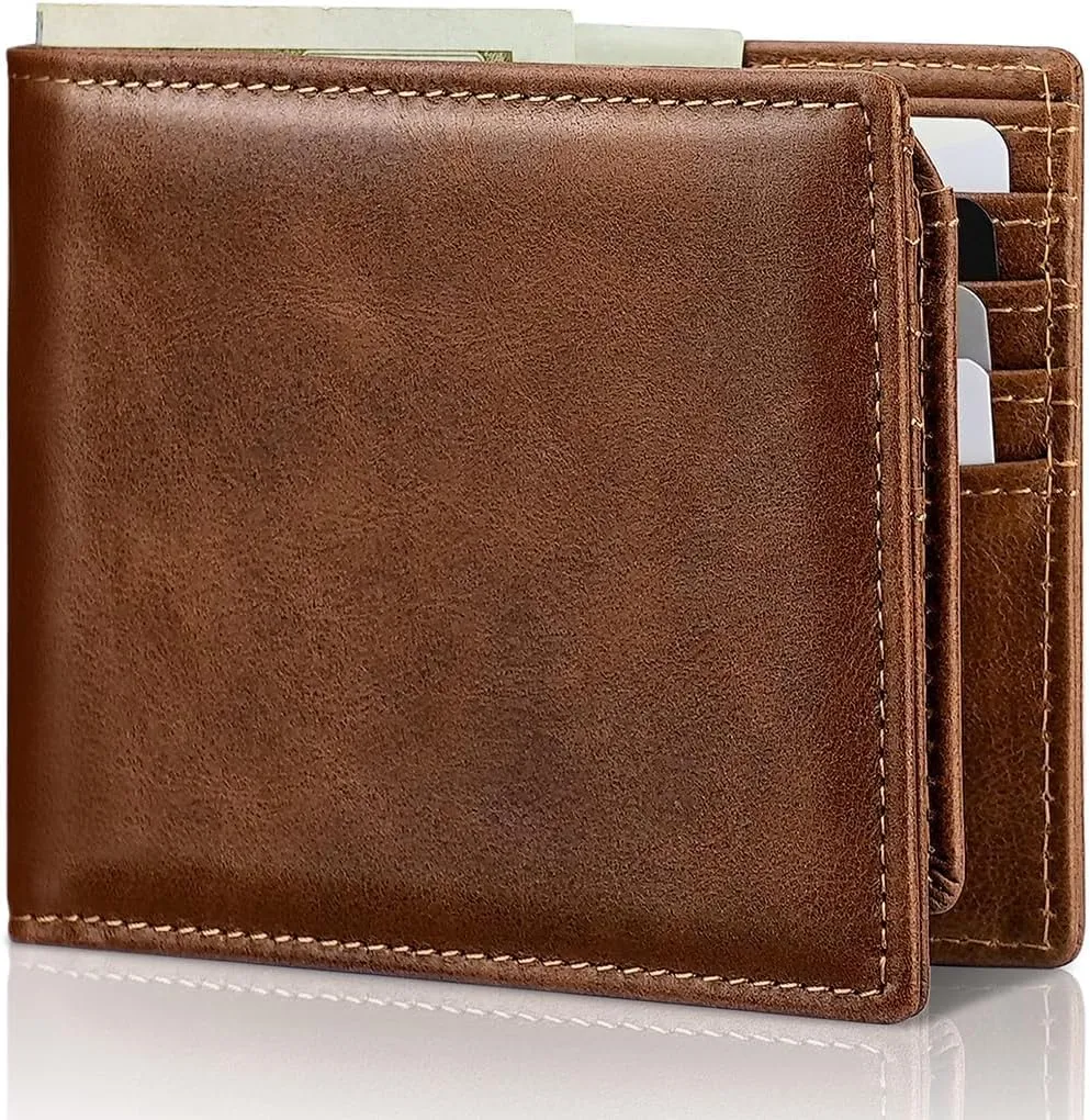 Mens Wallet Genuine Leather Bifold RFID Blocking Wallet for Men with 2 ID Windows 11 Card Holders 2 cash pockets 1 Gift Box