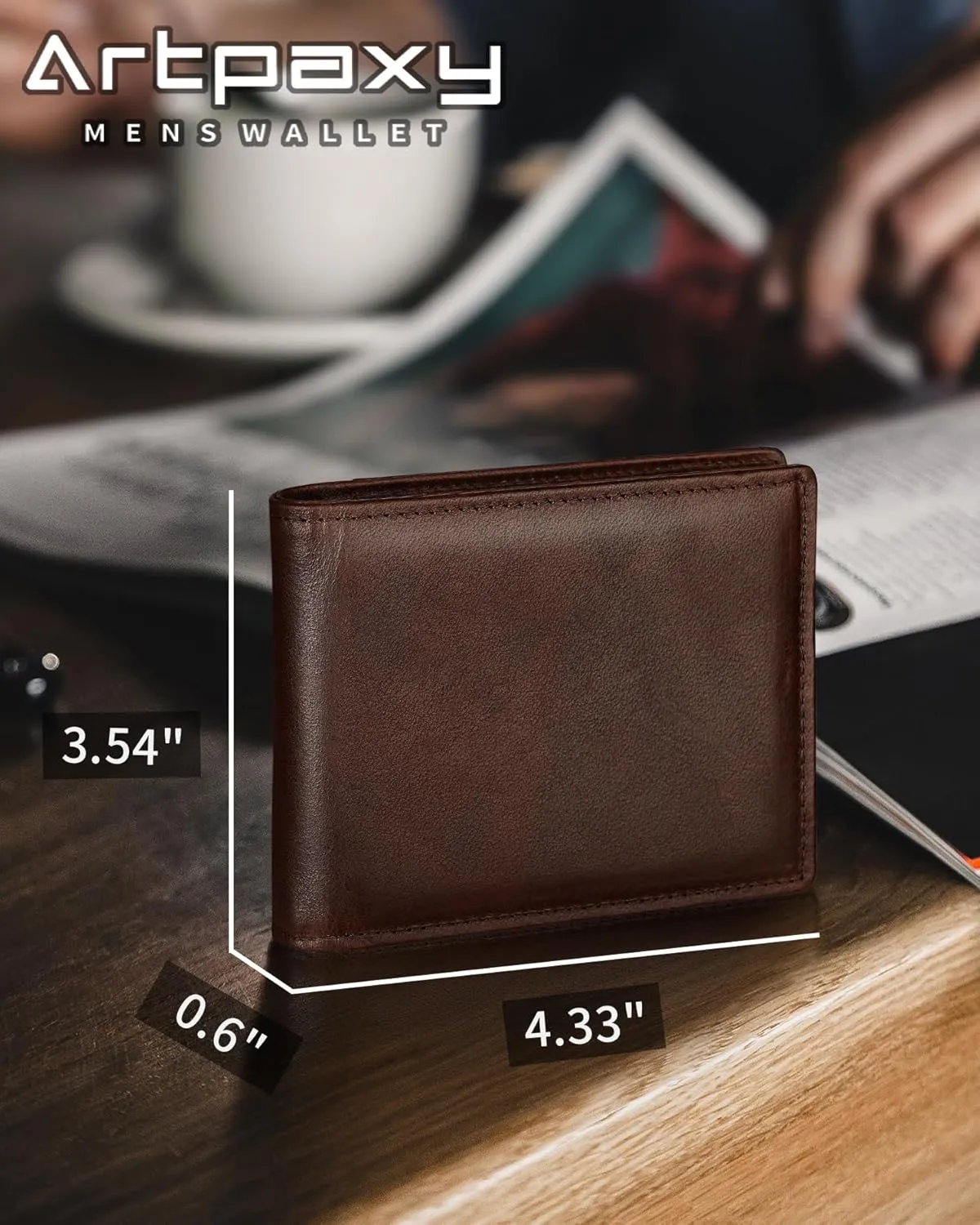 Mens Wallet Genuine Leather Bifold RFID Blocking Wallet for Men with 2 ID Windows 11 Card Holders 2 cash pockets 1 Gift Box
