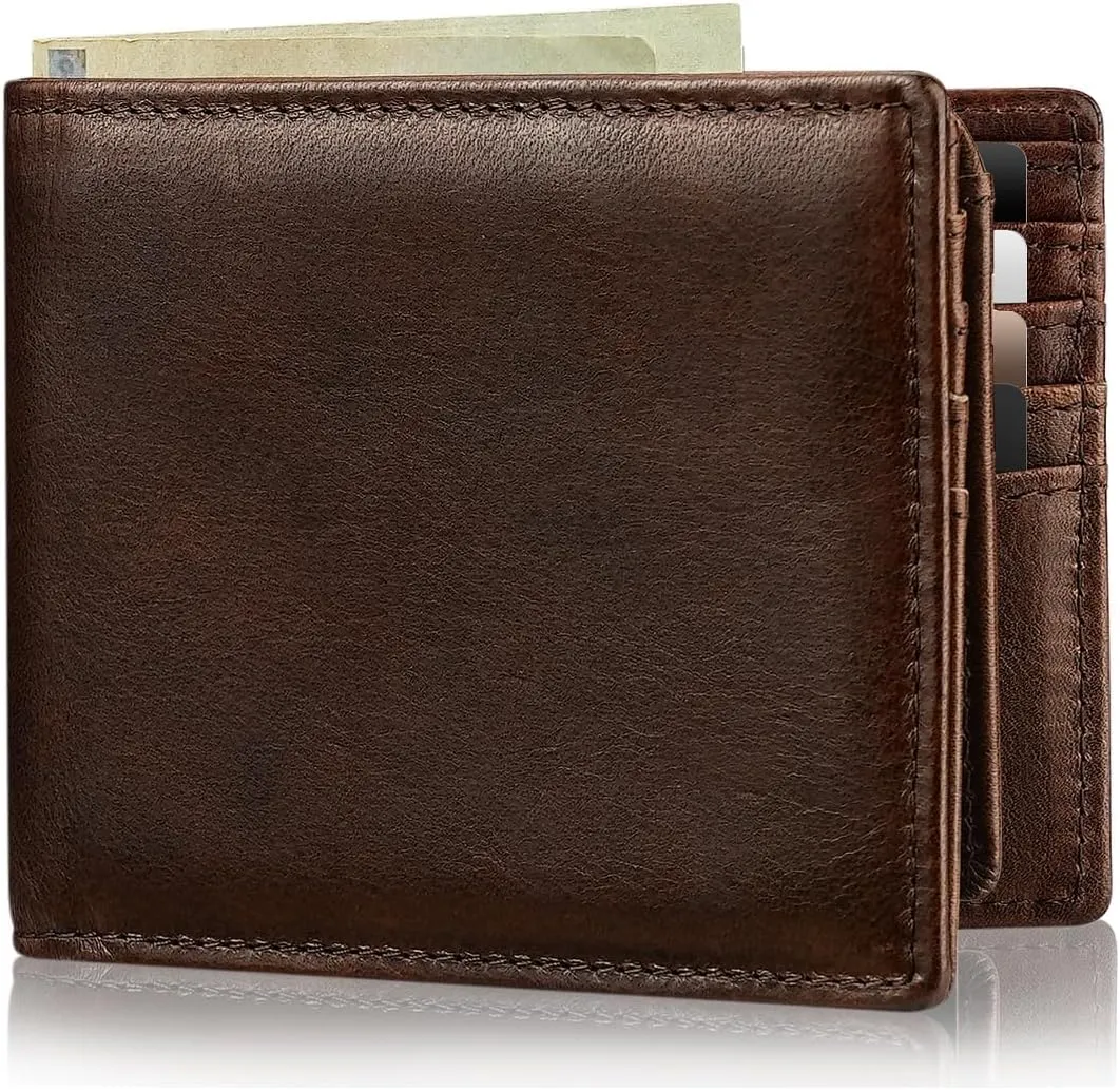 Mens Wallet Genuine Leather Bifold RFID Blocking Wallet for Men with 2 ID Windows 11 Card Holders 2 cash pockets 1 Gift Box
