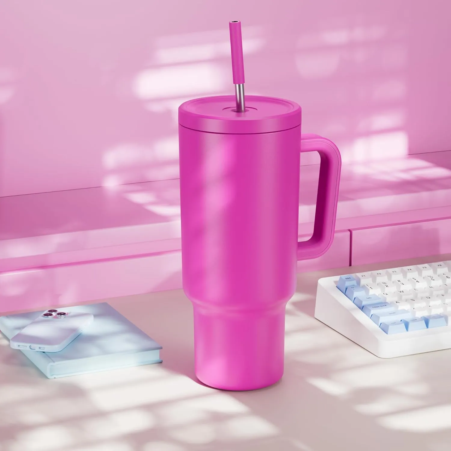 Meoky 40 oz Tumbler with Handle and Straw: Stainless Steel Insulated Tumbler with Lid and Straw - 100% Leak Proof Tumbler for Car Cup Holders - Travelers Commuters Workers, Barbie