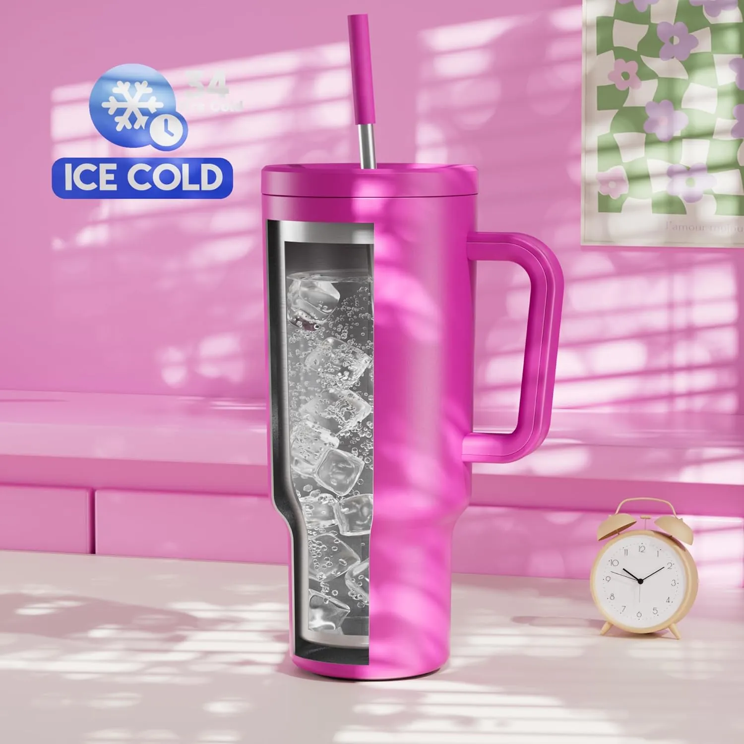 Meoky 40 oz Tumbler with Handle and Straw: Stainless Steel Insulated Tumbler with Lid and Straw - 100% Leak Proof Tumbler for Car Cup Holders - Travelers Commuters Workers, Barbie