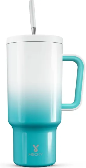 Meoky 40oz Tumbler with Handle, Leak-proof Lid and Straw, Insulated Coffee Mug Stainless Steel Travel Mug, Keeps Cold for 34 Hours or Hot for 10 Hours (Azure)