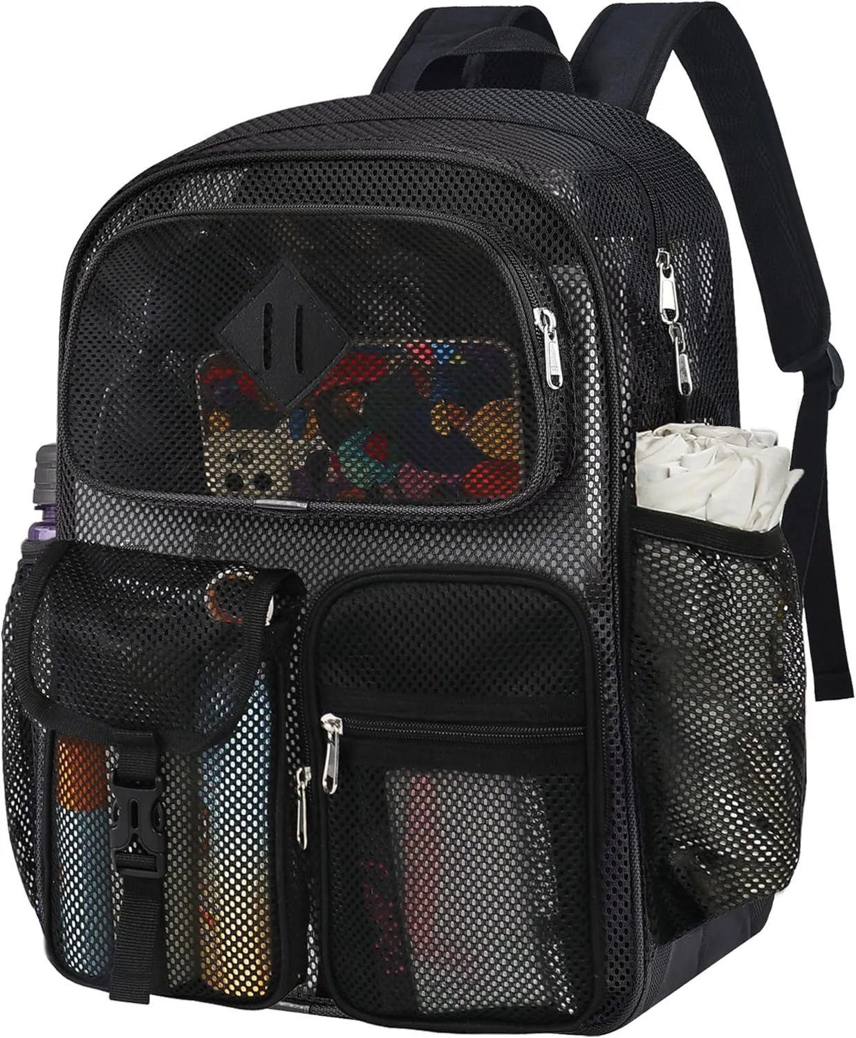 Mesh Backpack Heavy Duty 28L See Through Backpack for Adult with Paded Strap Large Capacity for Sports Hiking Travel Outdoor Beach(Black)