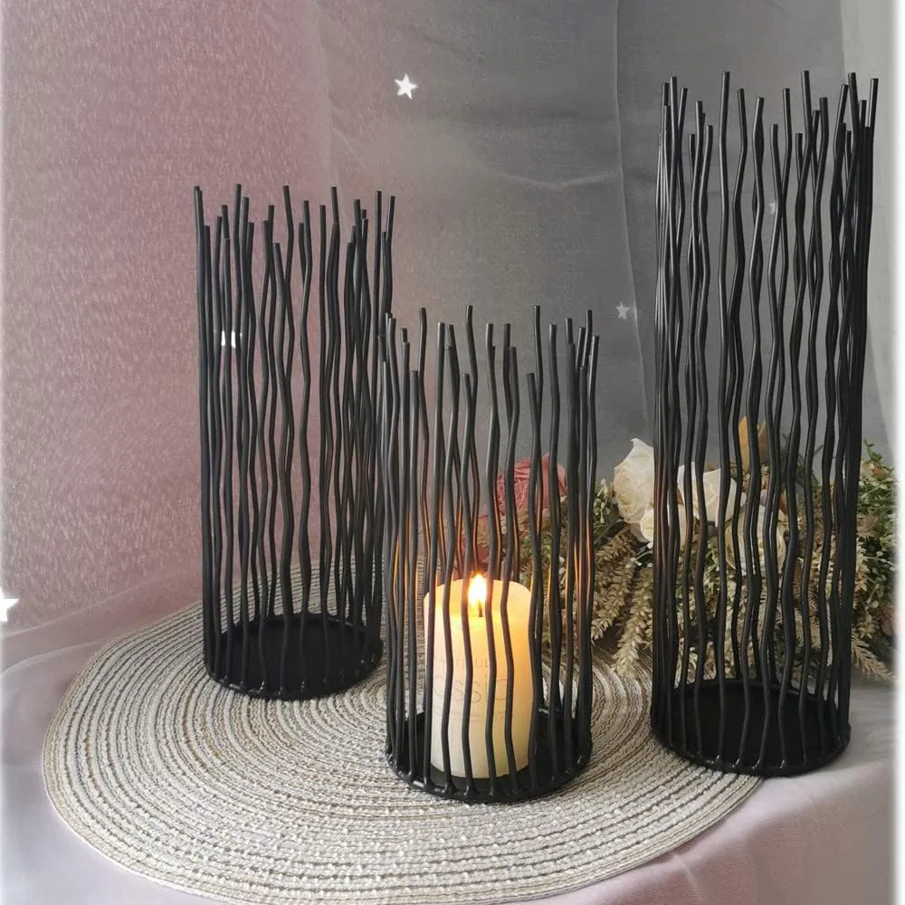 Metal Wire Willow Pillar Candle Holder Set of 3, Creative Wire Cage Candleholder Set for Fireplace Mantel Decoration, 8/10/12 inch Black Tealight Lanterns for Table Centerpiece