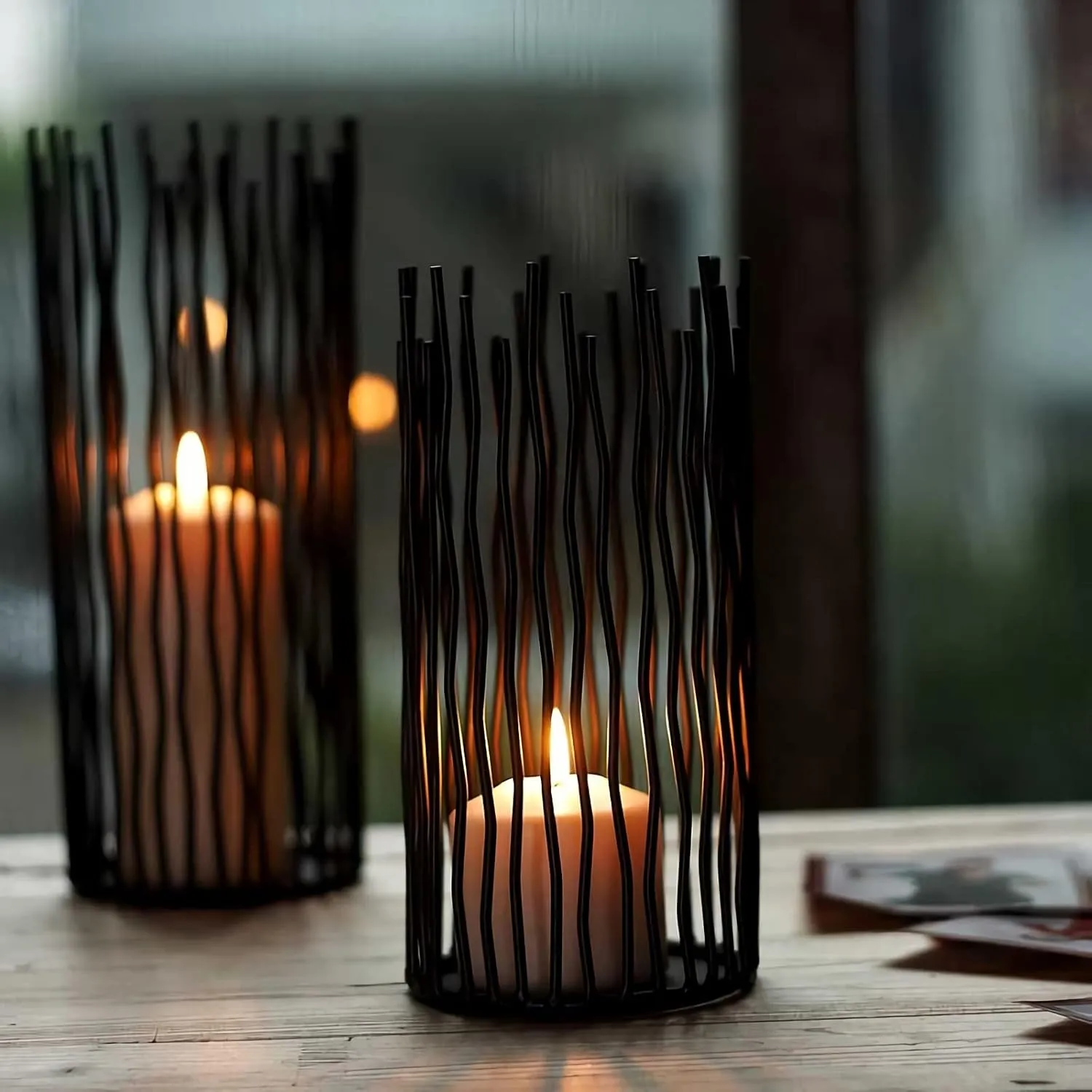 Metal Wire Willow Pillar Candle Holder Set of 3, Creative Wire Cage Candleholder Set for Fireplace Mantel Decoration, 8/10/12 inch Black Tealight Lanterns for Table Centerpiece