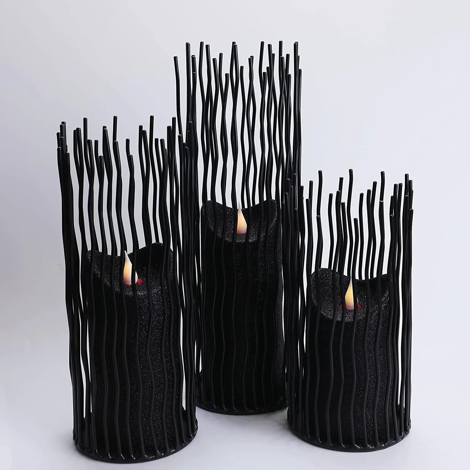 Metal Wire Willow Pillar Candle Holder Set of 3, Creative Wire Cage Candleholder Set for Fireplace Mantel Decoration, 8/10/12 inch Black Tealight Lanterns for Table Centerpiece