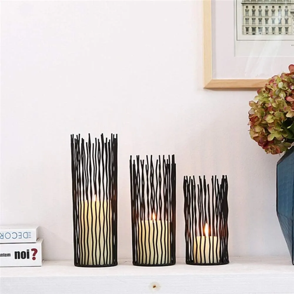 Metal Wire Willow Pillar Candle Holder Set of 3, Creative Wire Cage Candleholder Set for Fireplace Mantel Decoration, 8/10/12 inch Black Tealight Lanterns for Table Centerpiece