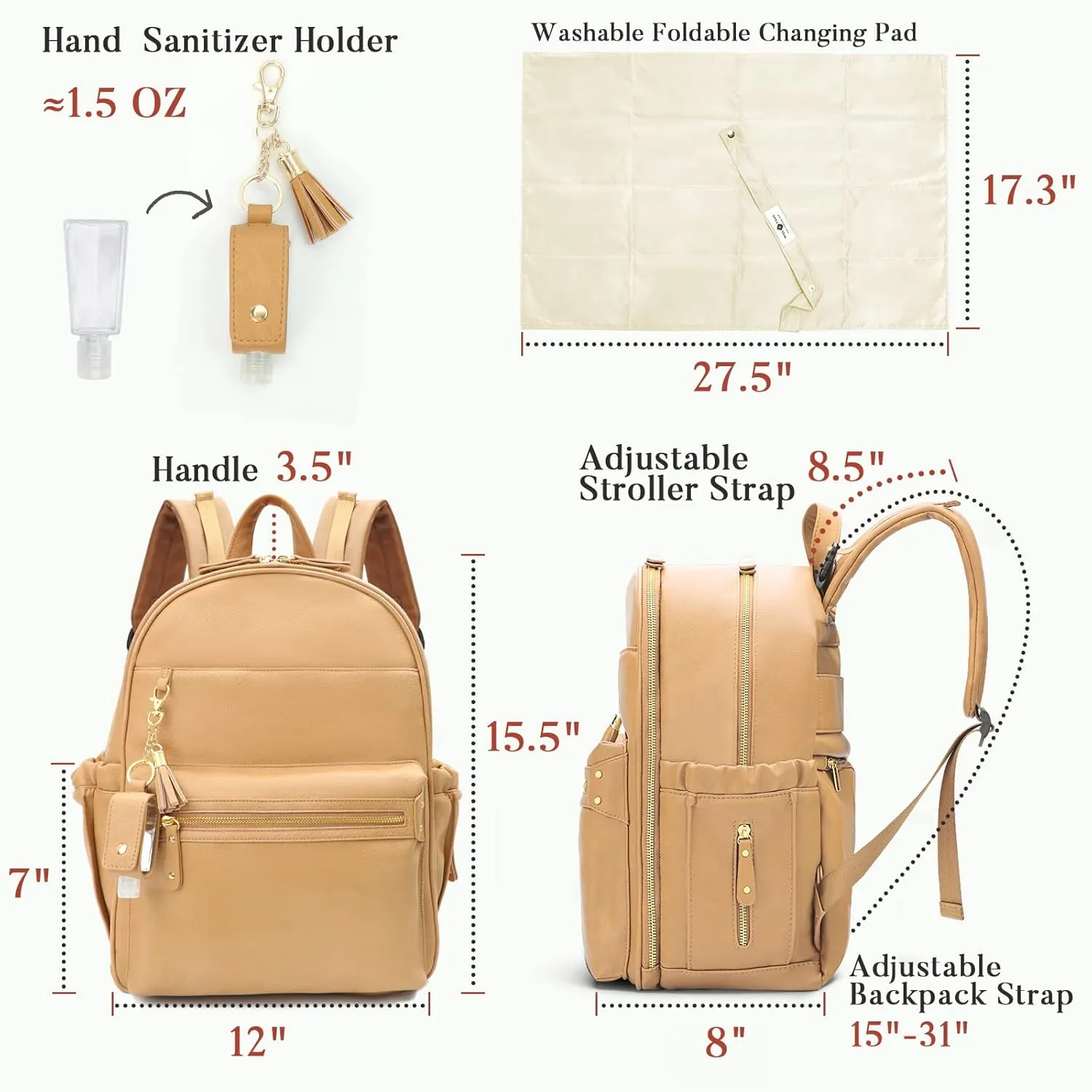 miss fong Diaper Bag Backpack Leather Diaper Bag, Baby Diaper Bag for Baby, 16 Pockets Diaper Bag Organizer with Hand Sanitizer Holder, Changing Pad, 2 Insulated Pockets(Peanut)