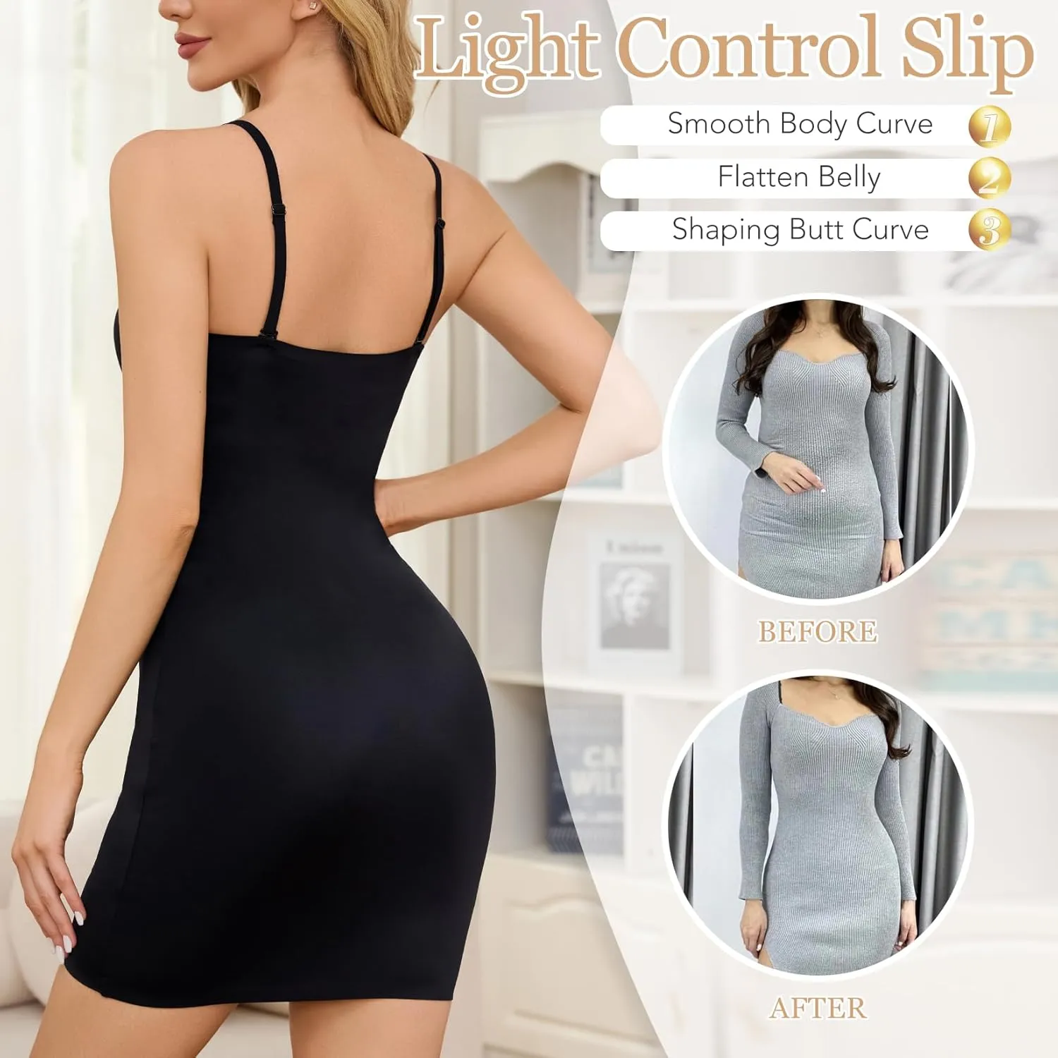MISS MOLY Shapewear Dress Slip for Women Full Slip Tummy Control Body Shaper Seamless Cami Dress with Adjustable Strap
