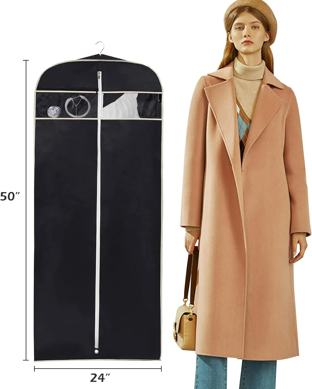MISSLO 50" Gusseted Travel Garment Bag with Clear Zipper Pouch Breathable Dress Storage Garment Cover for Hanging Full Length Coat, Long Jacket, Suit with Tails