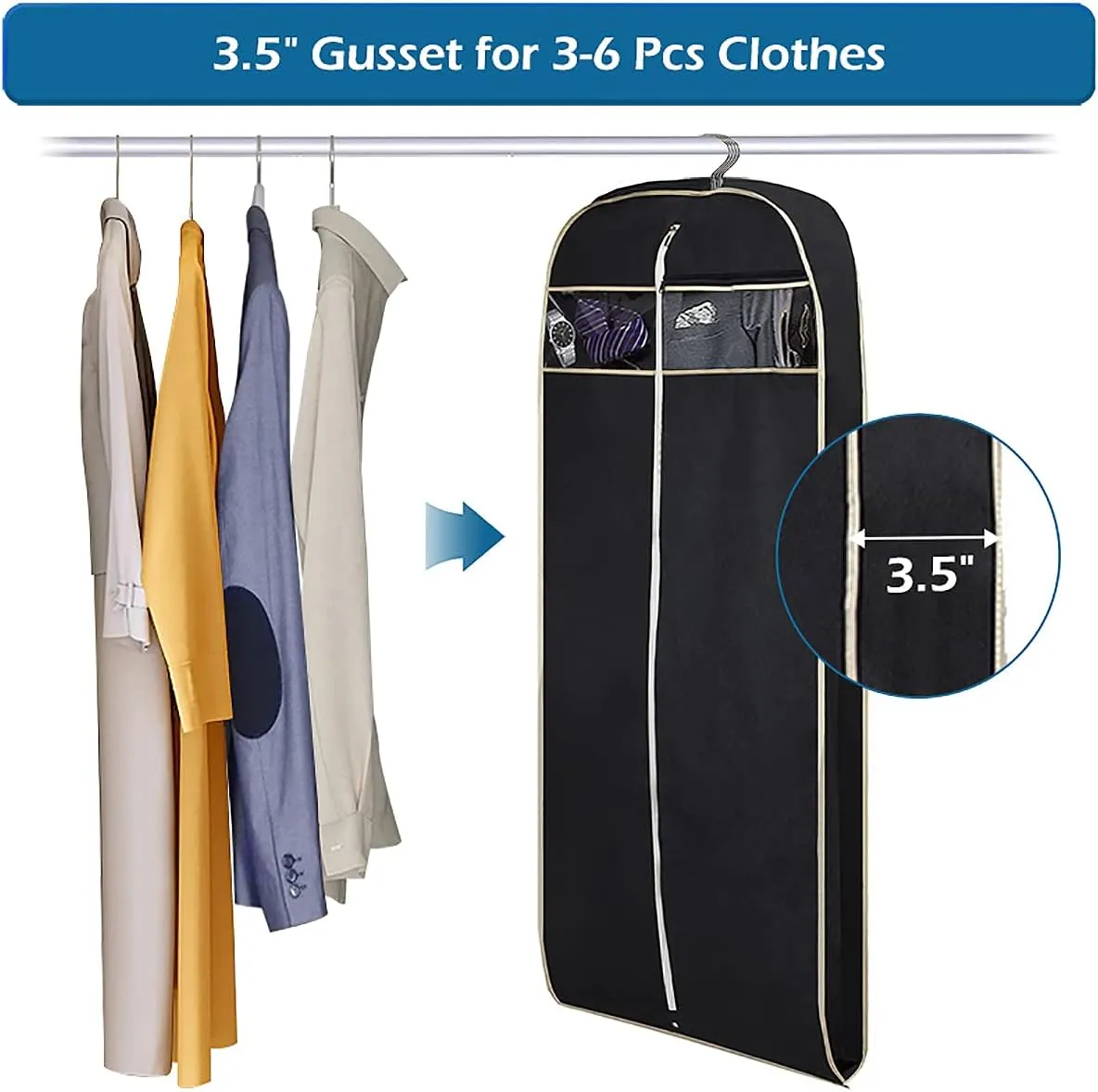 MISSLO 50" Gusseted Travel Garment Bag with Clear Zipper Pouch Breathable Dress Storage Garment Cover for Hanging Full Length Coat, Long Jacket, Suit with Tails
