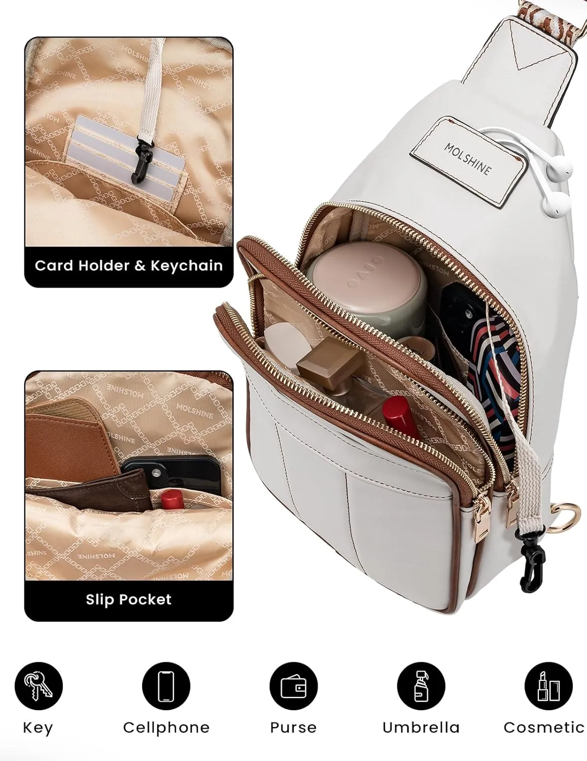 molshine Sling Crossbody Bag, Fashion Chest, Casual PU Leather Shoulder Bag for Women Work Travel Hiking Cycling