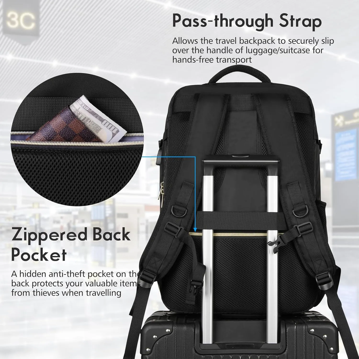 MOMUVO Carry On Backpack for Women,Flight Approved Extra Large Travel Laptop Backpack Water Resistant Luggage Travel Bag for Weekender Business, Black