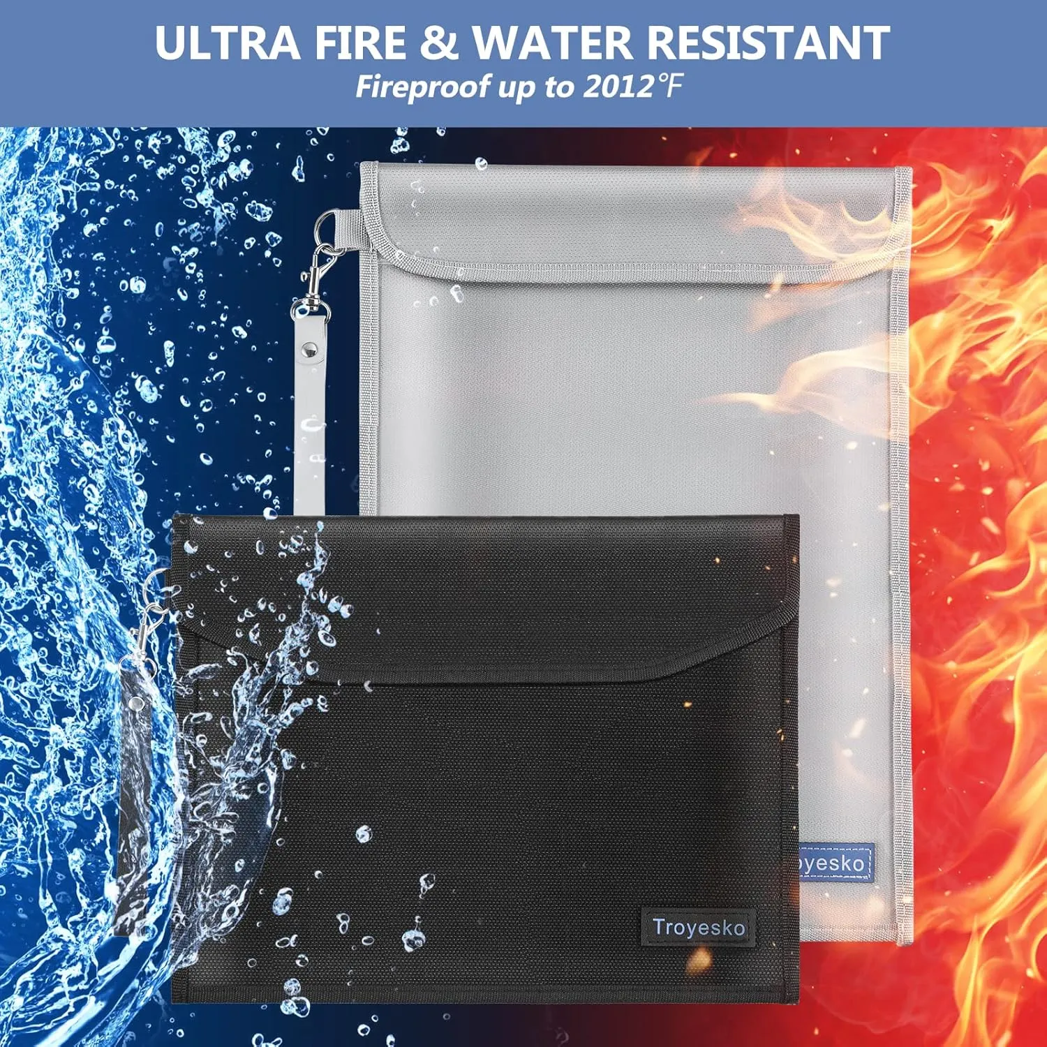 Money Bag Fireproof Document Bag 2012℉ 2 Pack 15x11"/13x10" Waterproof Document Holder Organizer Fire Proof Bag for Valuables Money Jewelry A4 Legal Documents File Tablet