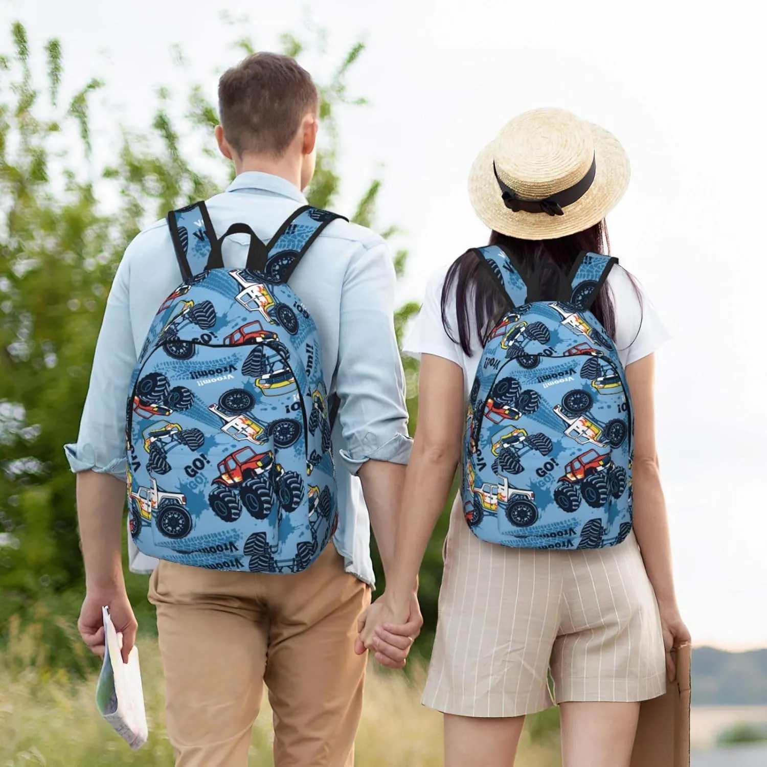 Monster Trucks Car Blue Backpack 17.7 Inch Laptop Backpack Travel Hiking Daypack Multipurpose Bookbag For Men Women