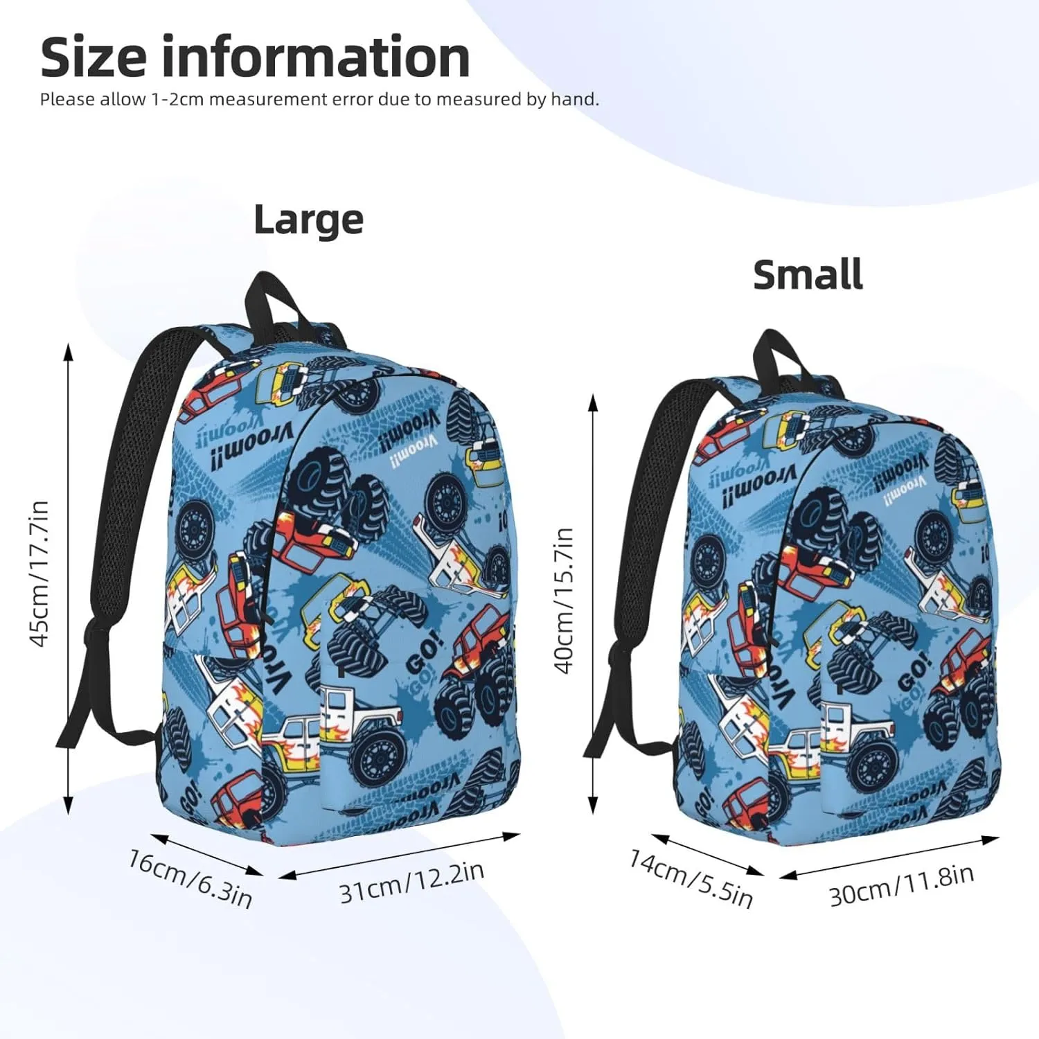 Monster Trucks Car Blue Backpack 17.7 Inch Laptop Backpack Travel Hiking Daypack Multipurpose Bookbag For Men Women