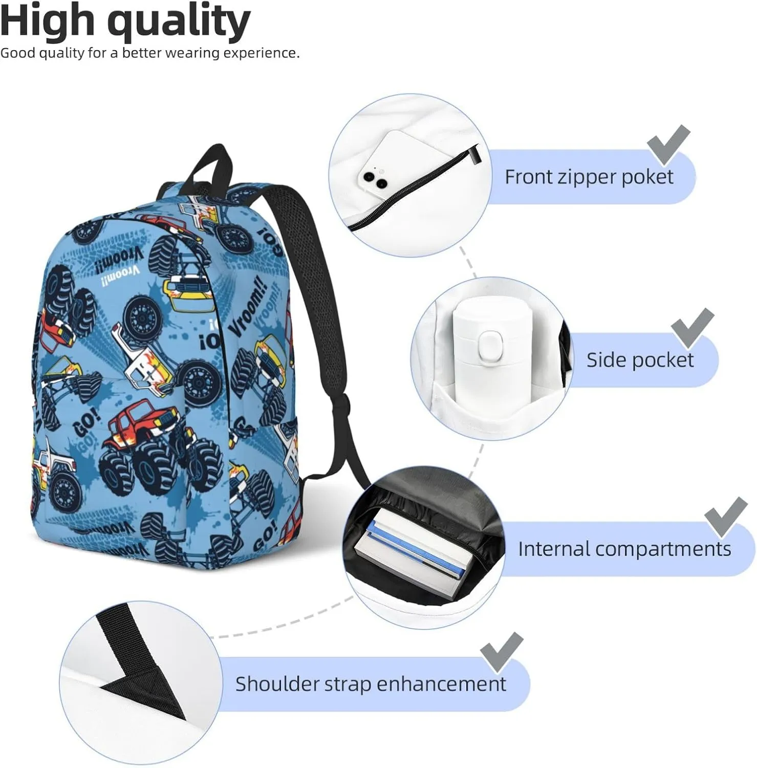 Monster Trucks Car Blue Backpack 17.7 Inch Laptop Backpack Travel Hiking Daypack Multipurpose Bookbag For Men Women