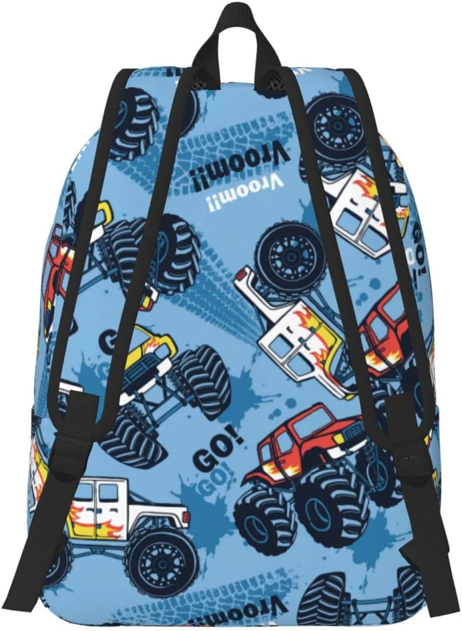 Monster Trucks Car Blue Backpack 17.7 Inch Laptop Backpack Travel Hiking Daypack Multipurpose Bookbag For Men Women
