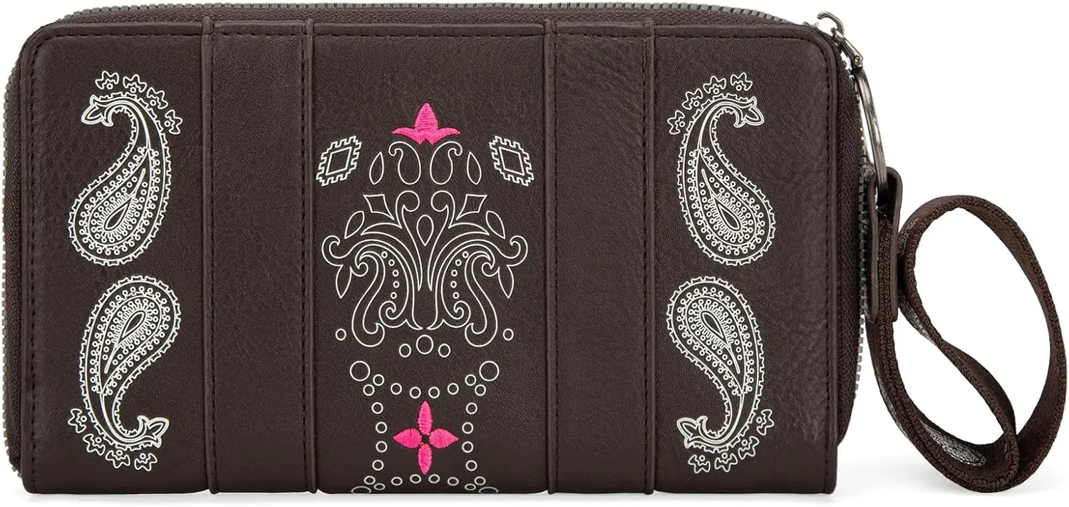 Montana West × Wrangler Wristlet Wallet for Women, Vegan Leather Checkbook Wallet, RFID Paisley Designer Woman Wallet, Coffee