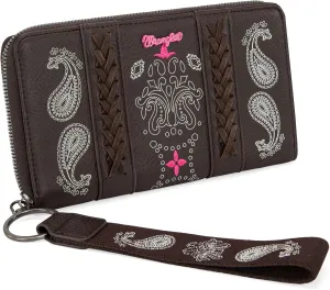 Montana West × Wrangler Wristlet Wallet for Women, Vegan Leather Checkbook Wallet, RFID Paisley Designer Woman Wallet, Coffee