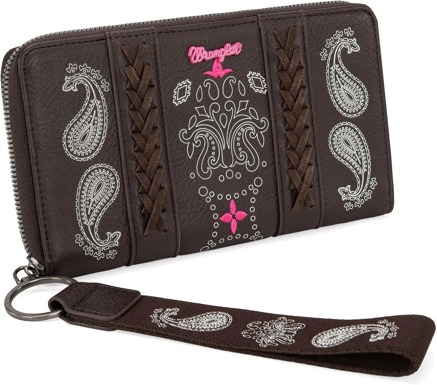Montana West × Wrangler Wristlet Wallet for Women, Vegan Leather Checkbook Wallet, RFID Paisley Designer Woman Wallet, Coffee