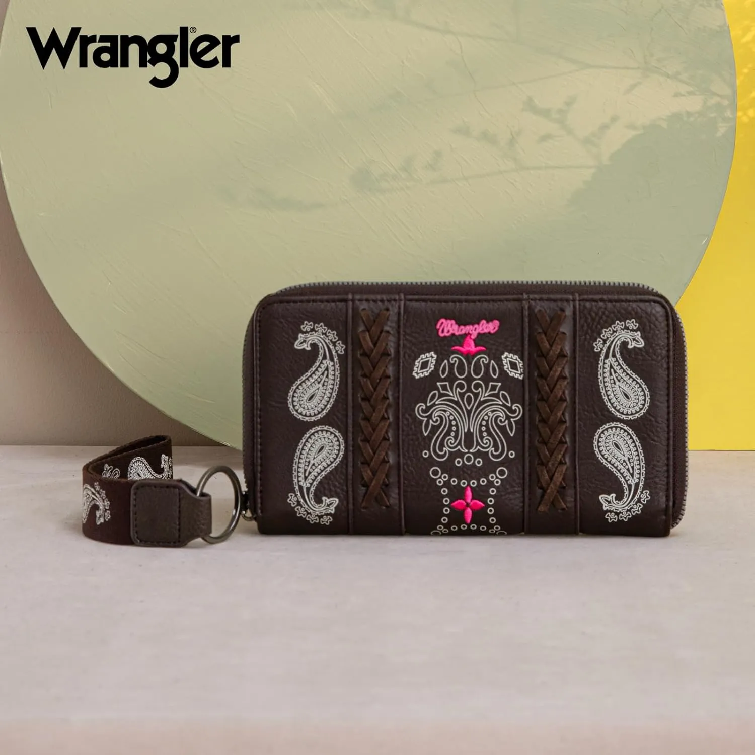 Montana West × Wrangler Wristlet Wallet for Women, Vegan Leather Checkbook Wallet, RFID Paisley Designer Woman Wallet, Coffee