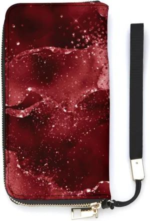 Moody Crimson Agate Dark Blood Red Jewel Tone Handbag Zipper Travel Wallet Large Capacity Card Holder Sewn with PU Material