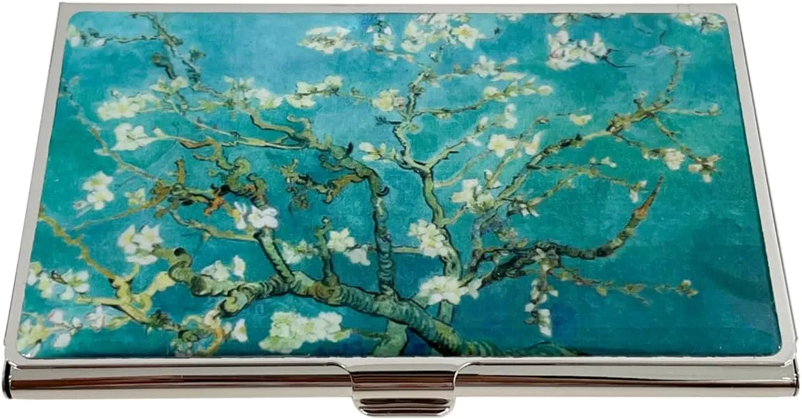 Mother of Pearl Business Card Case Credit Id Name Holder Travel Wallet Art Painting Design Metal Stainless Steel Engraved Slim Purse Pocket Cash Money Wallet (Almond Blossom)