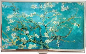 Mother of Pearl Business Card Case Credit Id Name Holder Travel Wallet Art Painting Design Metal Stainless Steel Engraved Slim Purse Pocket Cash Money Wallet (Almond Blossom)