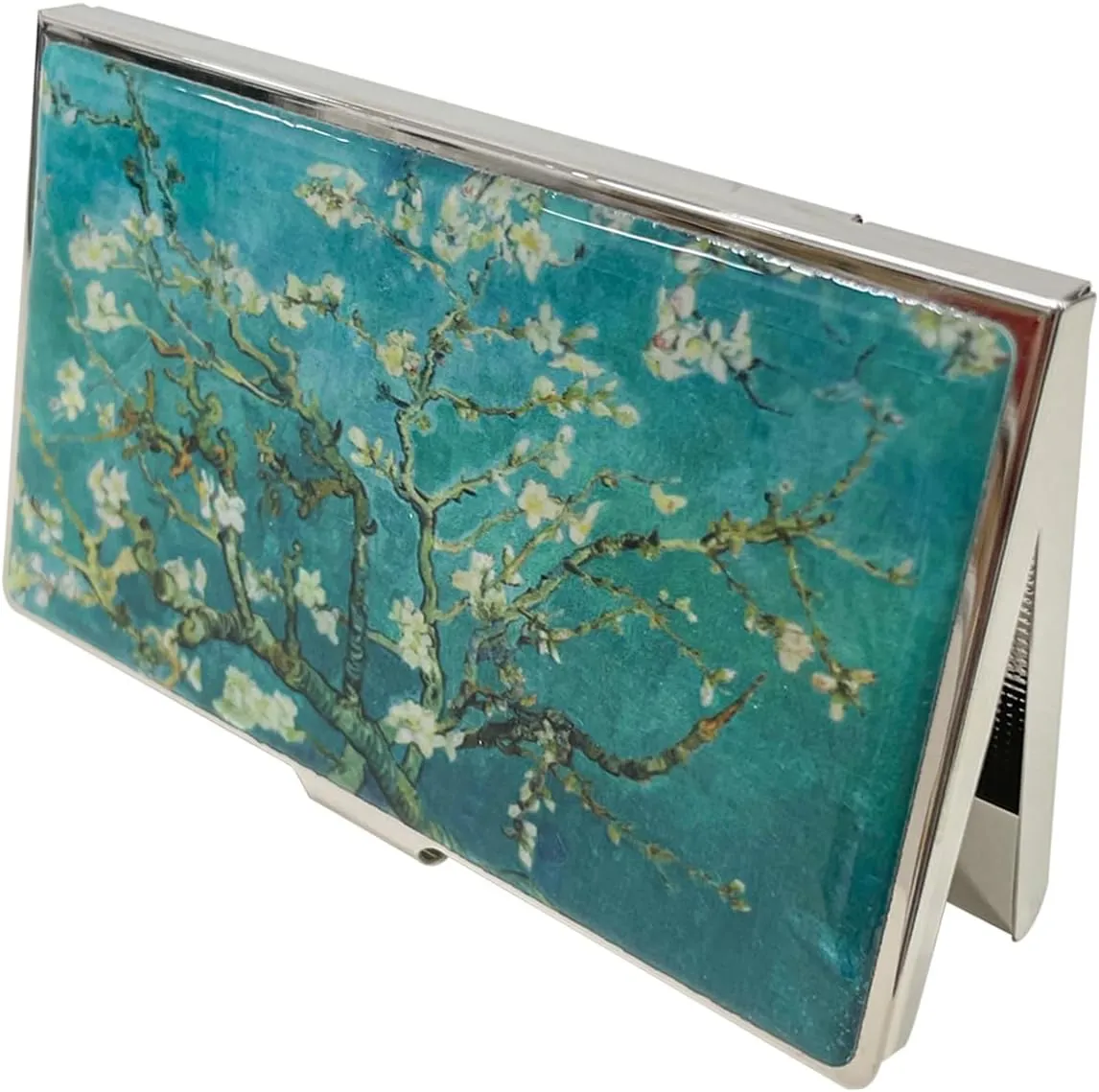 Mother of Pearl Business Card Case Credit Id Name Holder Travel Wallet Art Painting Design Metal Stainless Steel Engraved Slim Purse Pocket Cash Money Wallet (Almond Blossom)