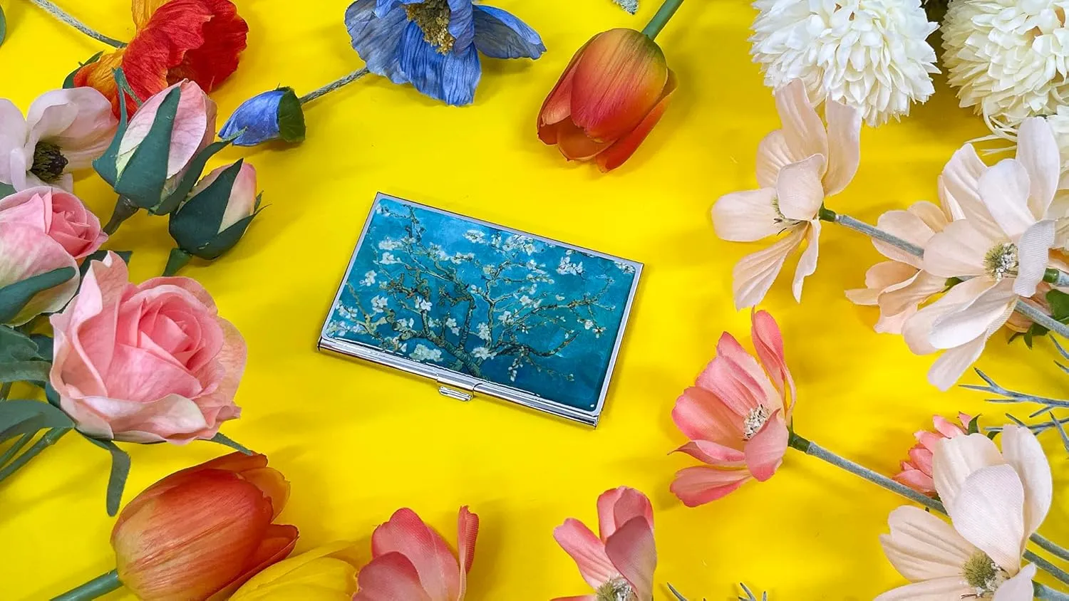 Mother of Pearl Business Card Case Credit Id Name Holder Travel Wallet Art Painting Design Metal Stainless Steel Engraved Slim Purse Pocket Cash Money Wallet (Almond Blossom)