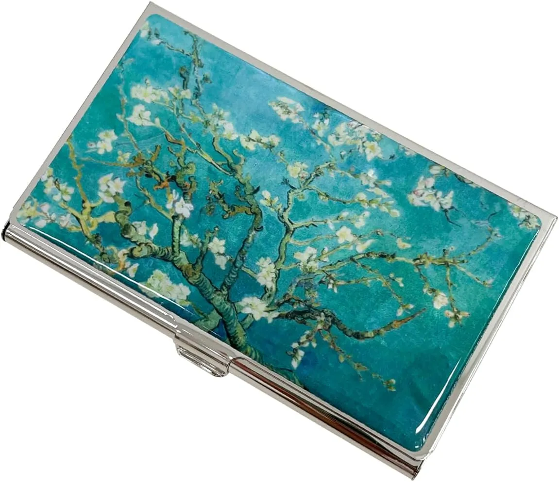 Mother of Pearl Business Card Case Credit Id Name Holder Travel Wallet Art Painting Design Metal Stainless Steel Engraved Slim Purse Pocket Cash Money Wallet (Almond Blossom)