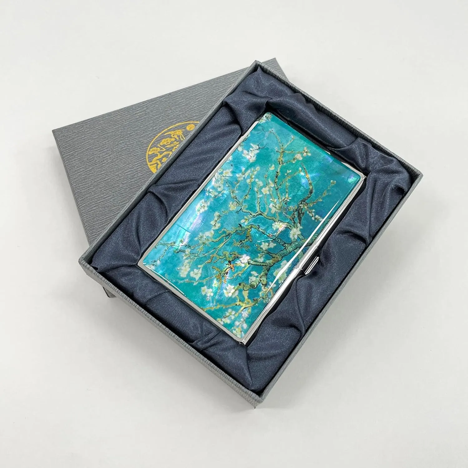 Mother of Pearl Business Card Case Credit Id Name Holder Travel Wallet Art Painting Design Metal Stainless Steel Engraved Slim Purse Pocket Cash Money Wallet (Almond Blossom)