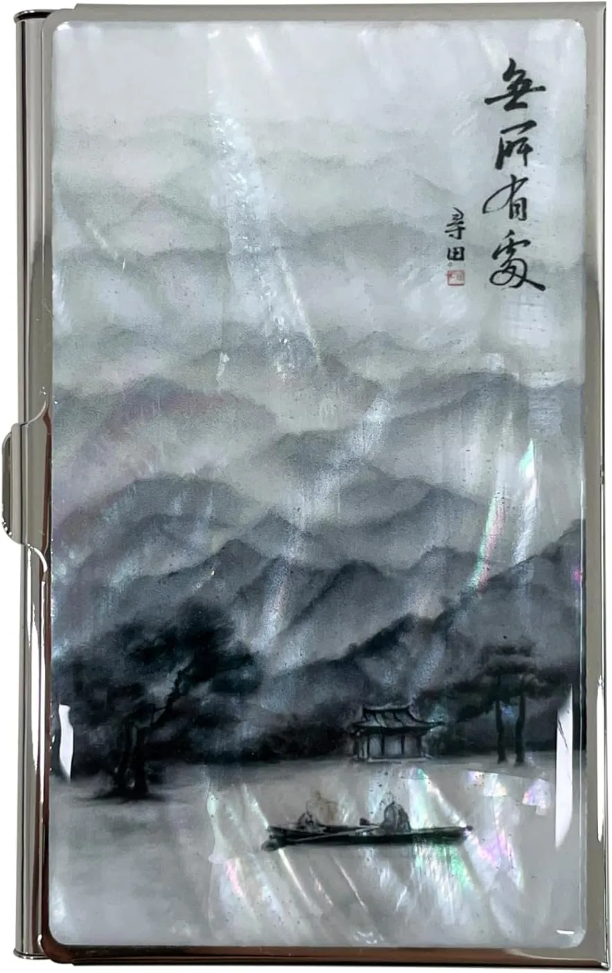 Mother of Pearl Business Card Case Credit Id Name Holder Travel Wallet Art Painting Design Metal Stainless Steel Engraved Slim Purse Pocket Cash Money Wallet (Lonely)