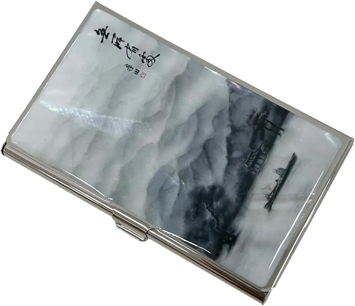 Mother of Pearl Business Card Case Credit Id Name Holder Travel Wallet Art Painting Design Metal Stainless Steel Engraved Slim Purse Pocket Cash Money Wallet (Lonely)