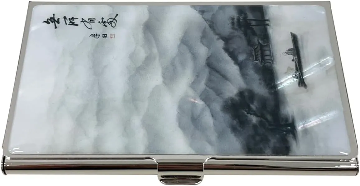 Mother of Pearl Business Card Case Credit Id Name Holder Travel Wallet Art Painting Design Metal Stainless Steel Engraved Slim Purse Pocket Cash Money Wallet (Lonely)